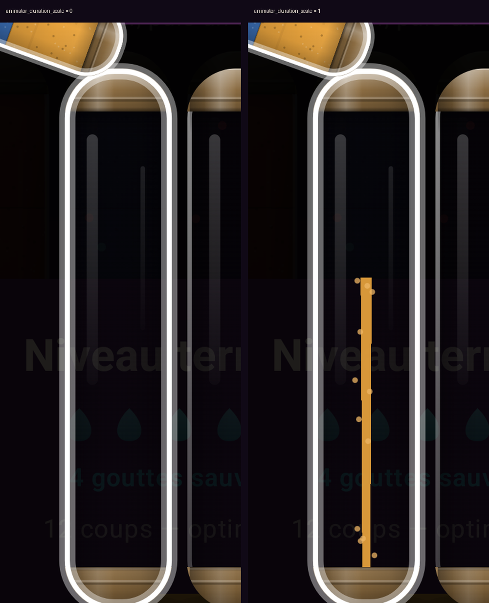 Same moment of the same pour animation, captured twice: with the animator scale at 0 the receiving container is empty, with the scale at 1 the falling ribbon of sand is visible inside it.